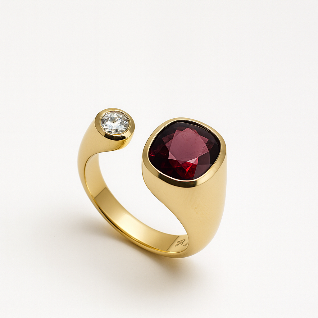 Ring mit Rhodolith und Diamant in 18 Karat Gelbgold handgefertigt