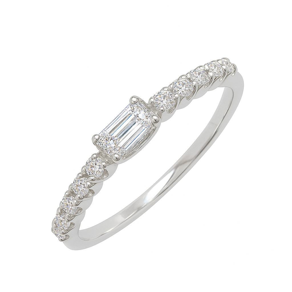 Ring mit Diamant im Baguetteschliff 0,14 ct. und Brillanten 0,10 ct. in 18 Karat Weißgold