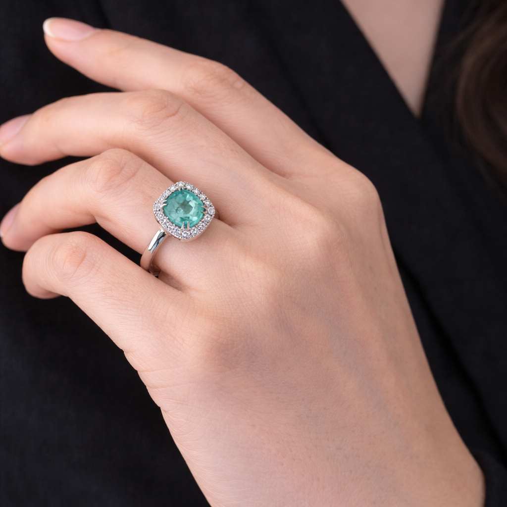 Ring mit Paraiba Turmalin 1,47 ct. und Brillanten 0,48 ct. in 18 Karat Weißgold