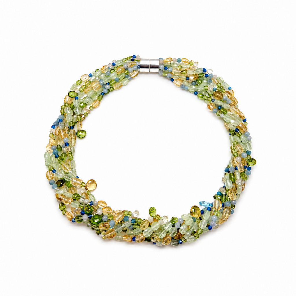 Edelsteinkette aus Citrin, Phrenit, Peridot, Achat und Calcedon mit Silber Magnetschließe