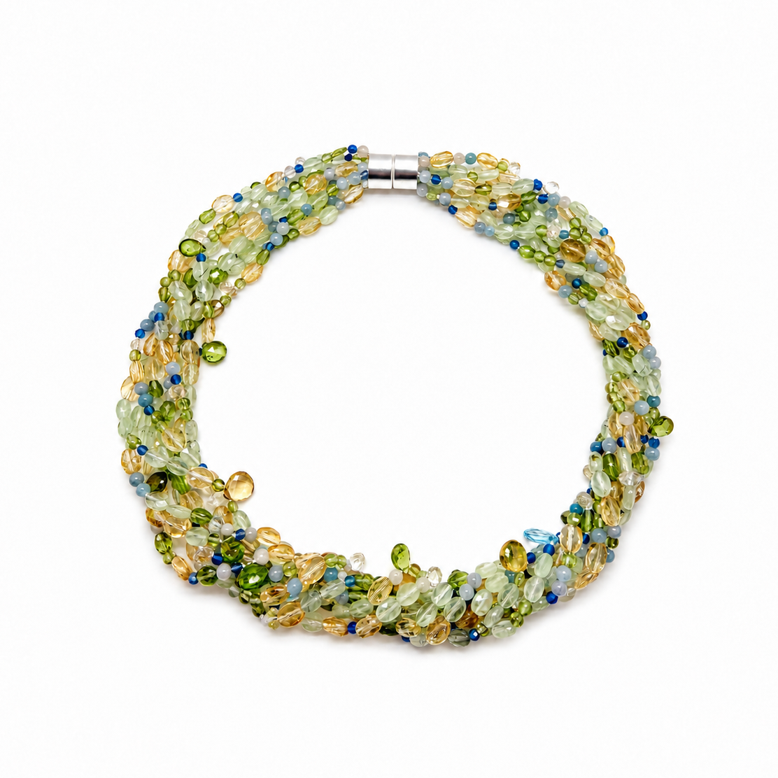 Edelsteinkette aus Citrin, Phrenit, Peridot, Achat und Calcedon mit Silber Magnetschließe