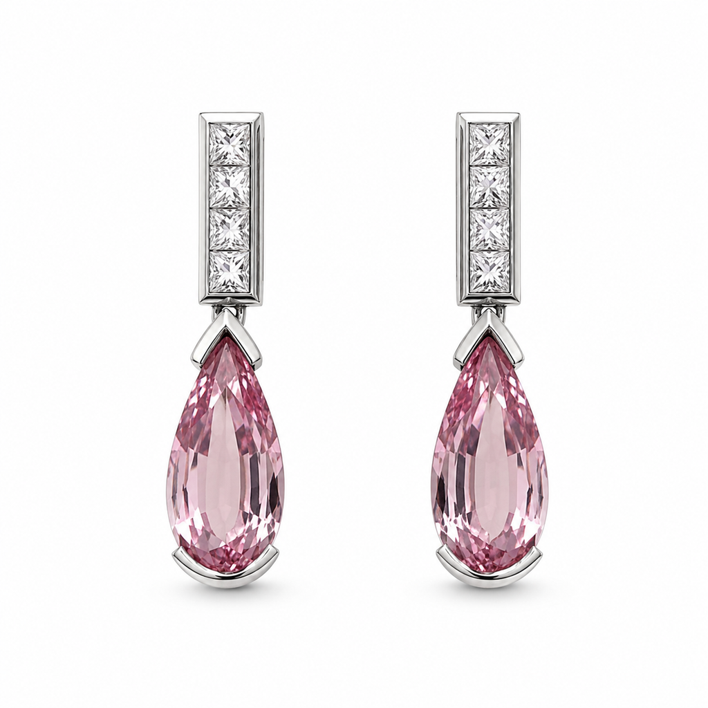Ohrschmuck mit 5,26 ct. Morganit und 0,72 ct. Diamanten im Prinzessschliff in 18 Karat Weißgold handgefertigt