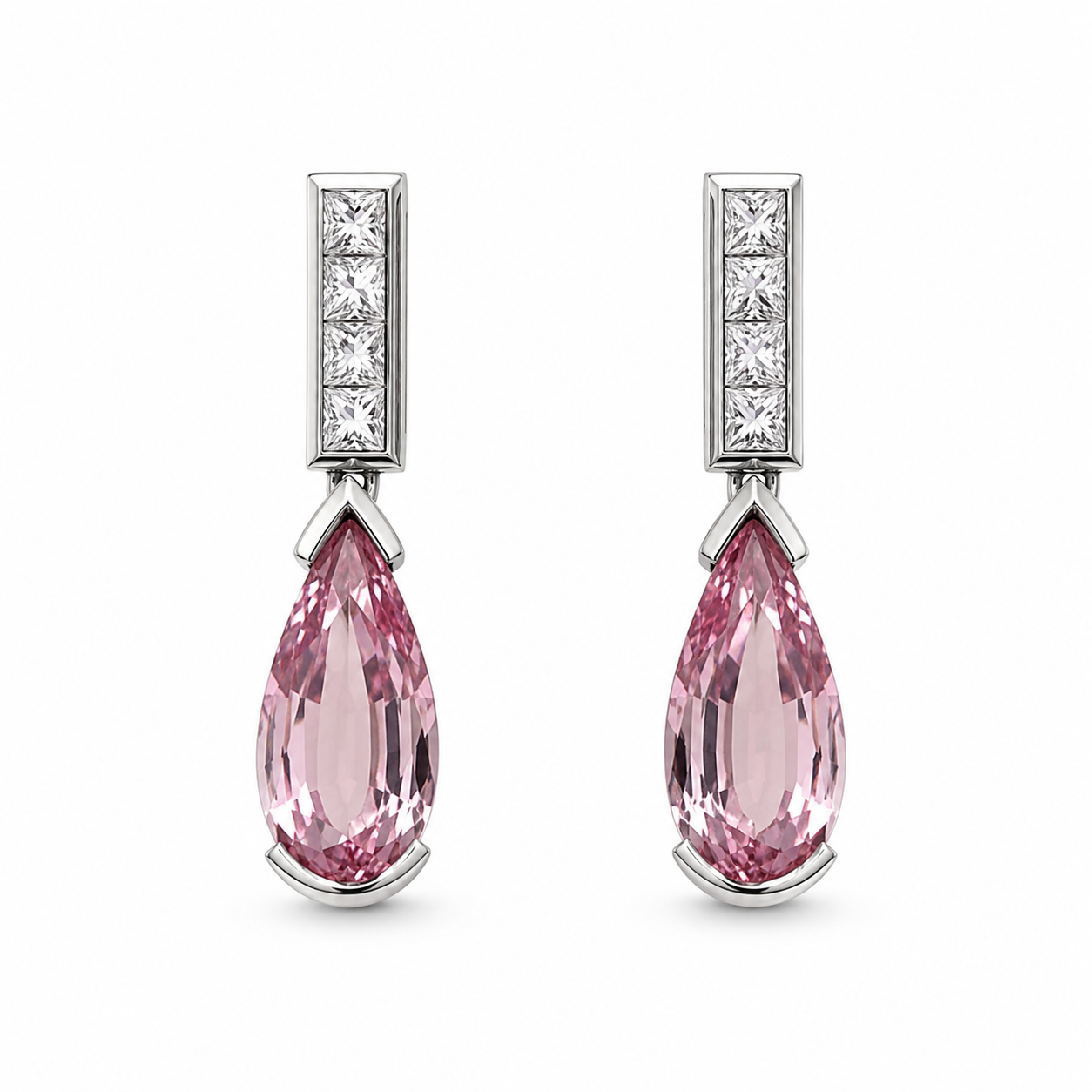 Ohrschmuck mit 5,26 ct. Morganit und 0,72 ct. Diamanten im Prinzessschliff in 18 Karat Weißgold handgefertigt