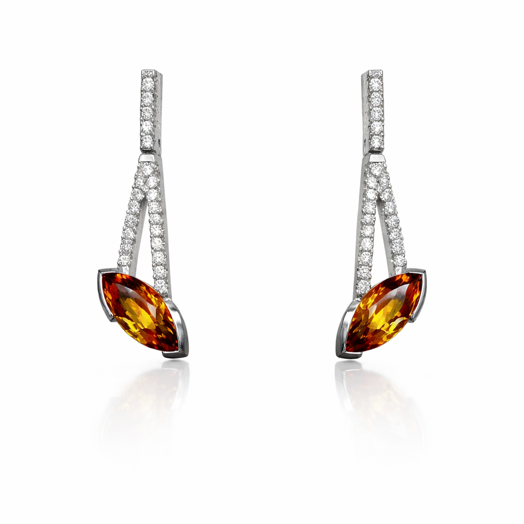 Ohrstecker mit Citrin Navette 1,81 ct und Brillanten 0,44 ct in 18 Karat Weißgold
