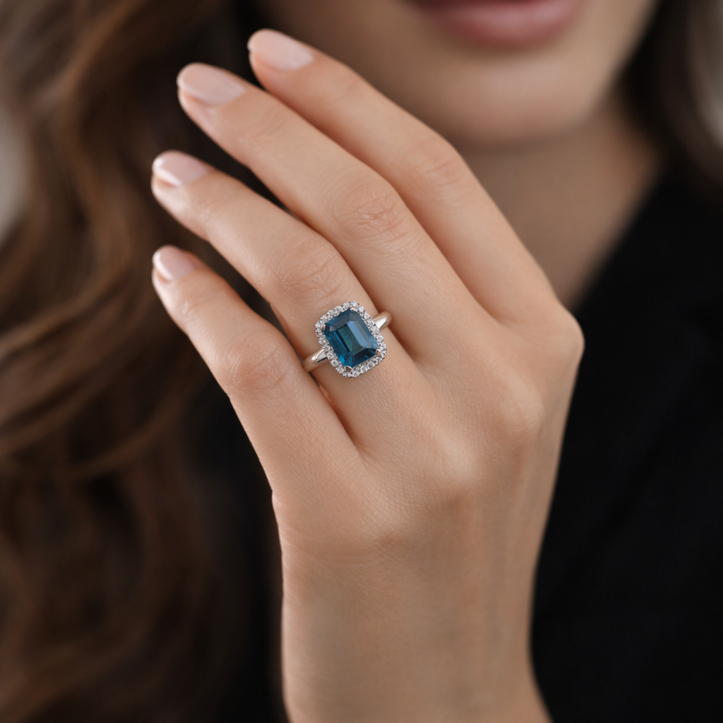 Ring mit Topas London Blue 1,63 ct und Brillanten 0,13 ct aus 18 Karat Weißgold