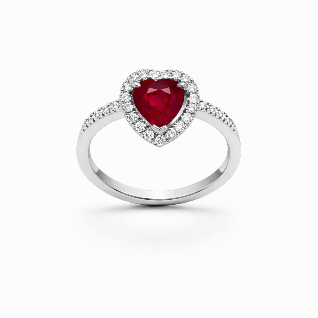 Ring mit Rubin in Herzform 0,96 ct und 34 Brillanten 0,19 ct aus 18 Karat Weißgold