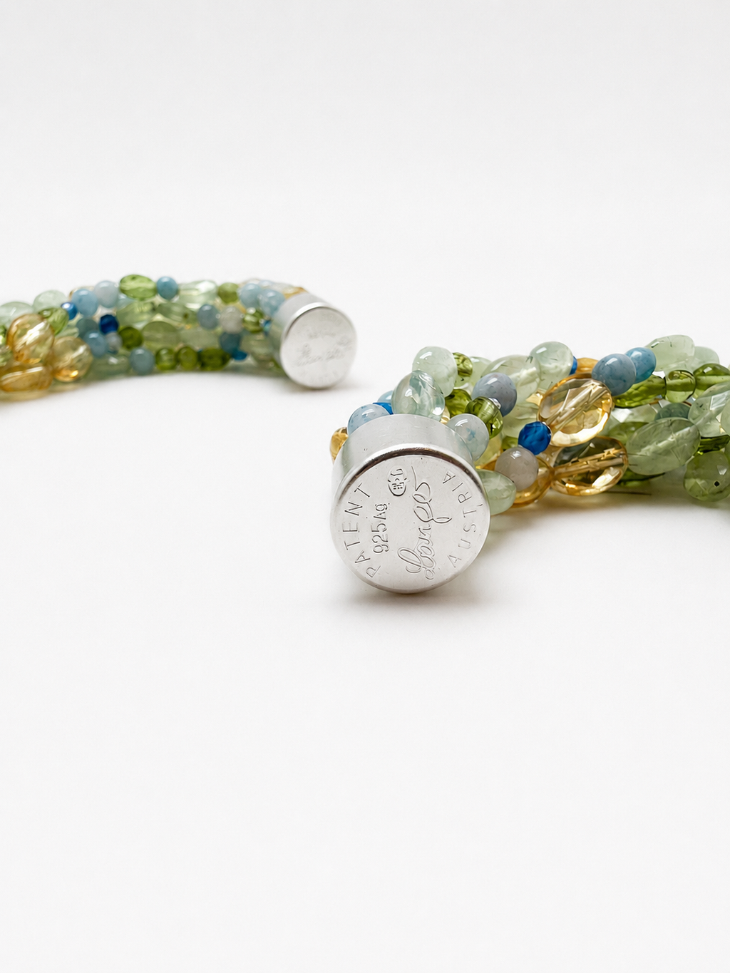 Edelsteinkette aus Citrin, Phrenit, Peridot, Achat und Calcedon mit Silber Magnetschließe