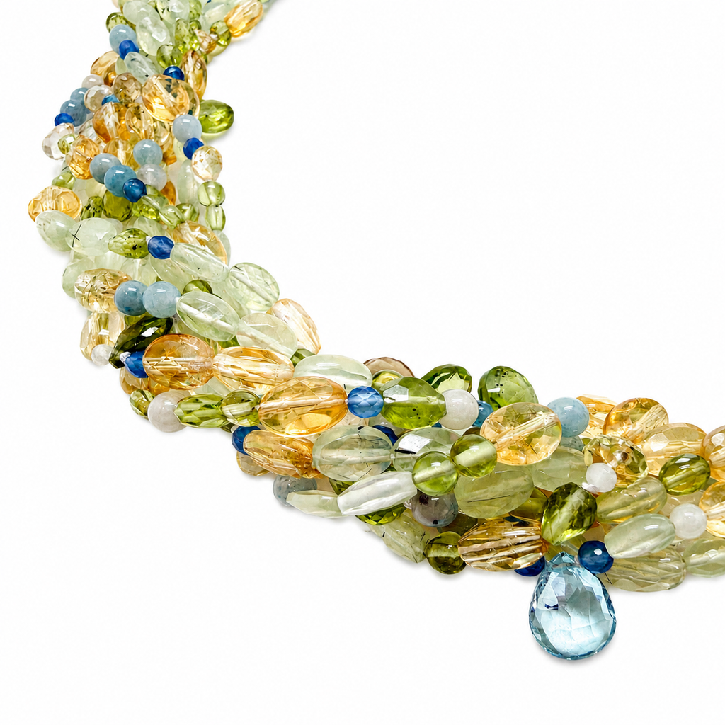 Edelsteinkette aus Citrin, Phrenit, Peridot, Achat und Calcedon mit Silber Magnetschließe