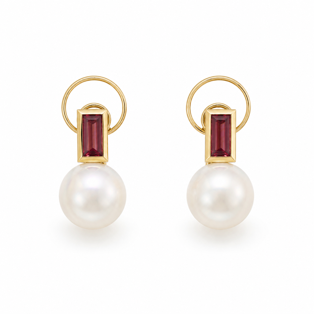 Ohrschmuck mit Perlen 19,26ct. und Rhodolith 1,33ct. in 18 Karat Gelbgold