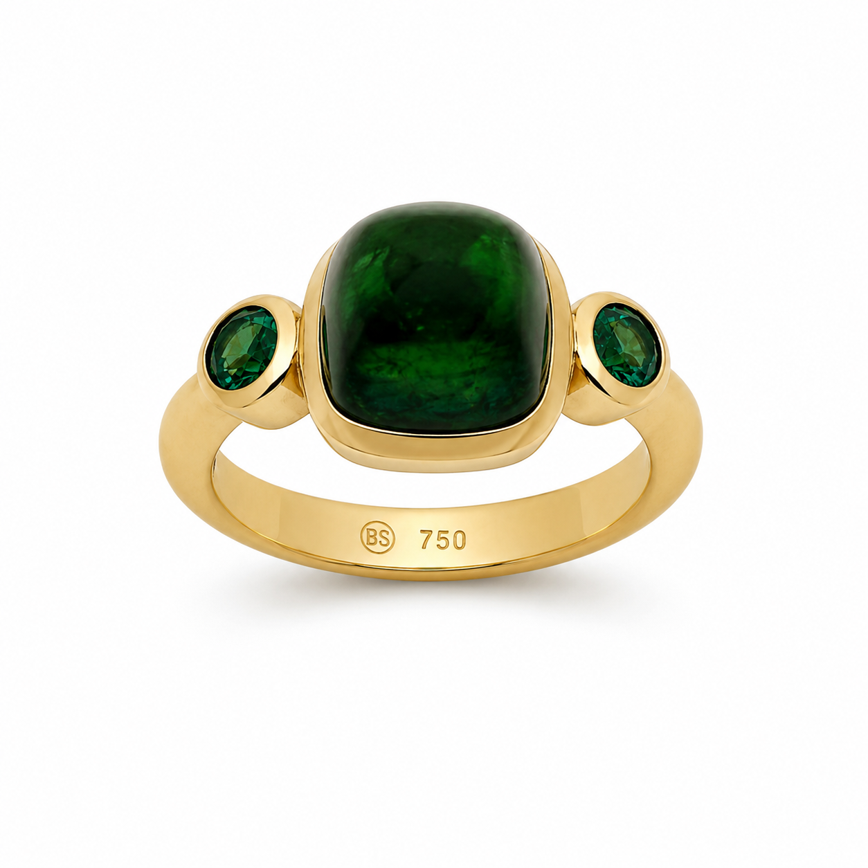 Ring mit grünem Turmalin in Cabochon Cut und 2 Smaragde in 18 kt Gelbgold