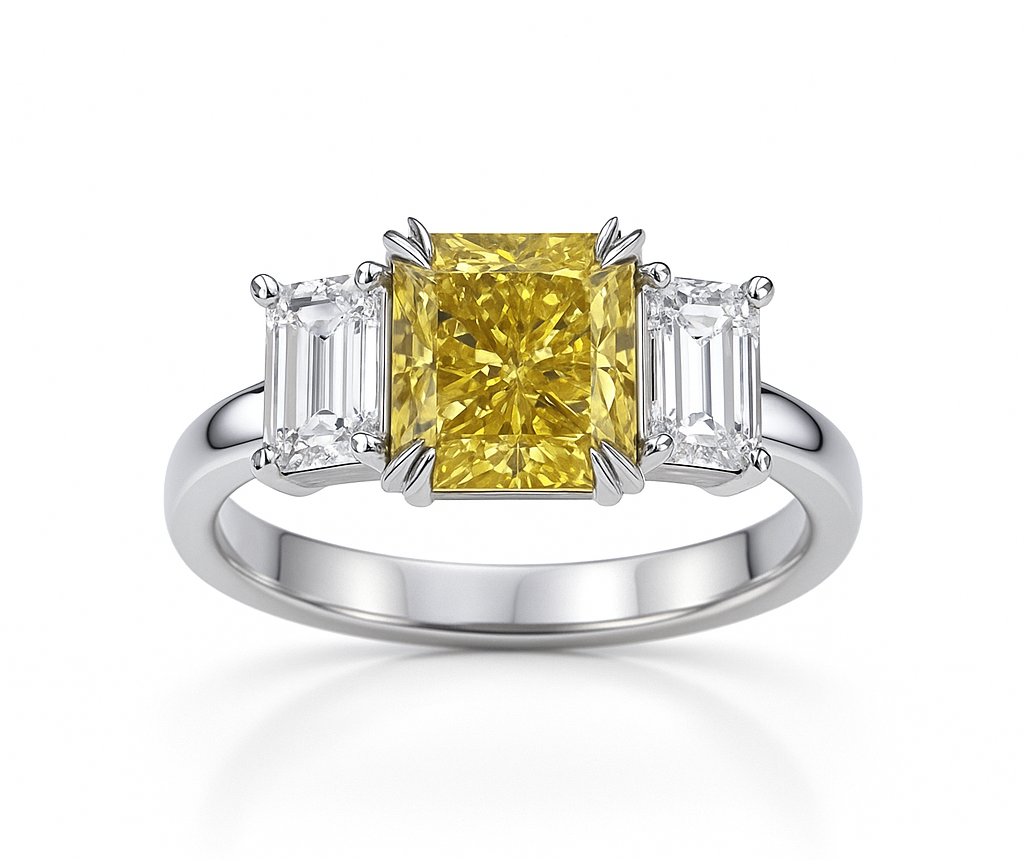 außergewöhnlich schöner natürlicher gelber Diamant 3,16 ct. mit zwei Baguettediamanten 1,80 ct. umrahmt
