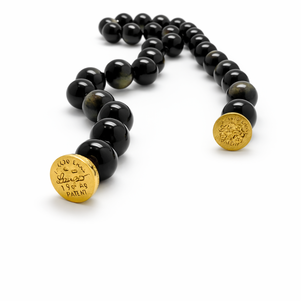 Edelsteinkette Obsidian mit Dekorativer Silber Vergoldeter Diamantierter Magnetschließe