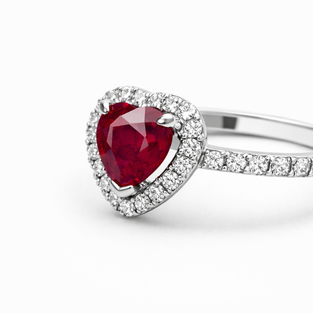 Ring mit Rubin in Herzform 0,96 ct und 34 Brillanten 0,19 ct aus 18 Karat Weißgold