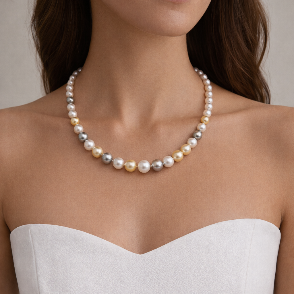 Südsee-Tahiti-Perlencollier multicolor mit 585 Weißgoldschließe