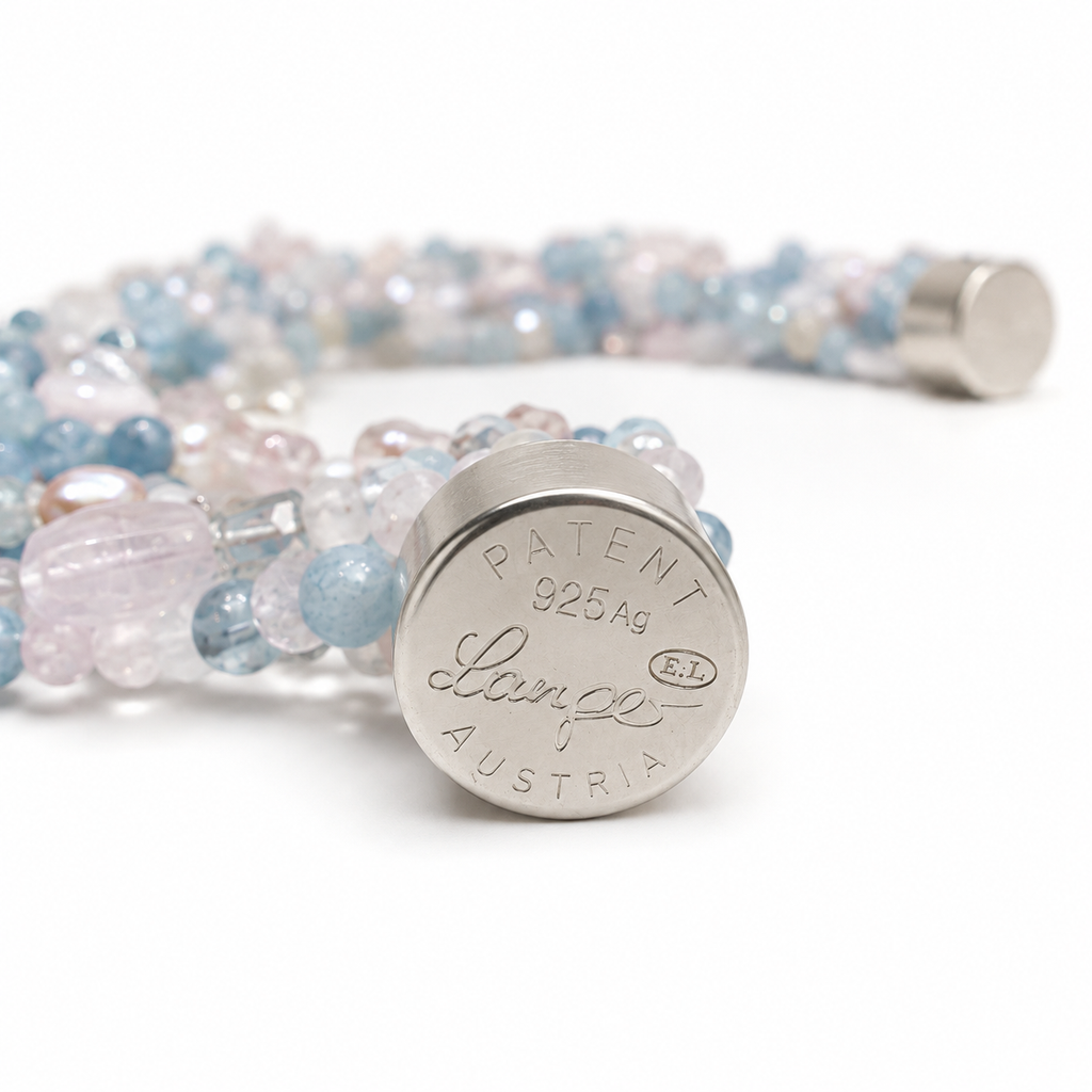 Edelsteinkette aus Aquamarin, Rosenquarz, Topas, Bergkristall und Süsswasserzuchtperle mit Silber Magnetschließe