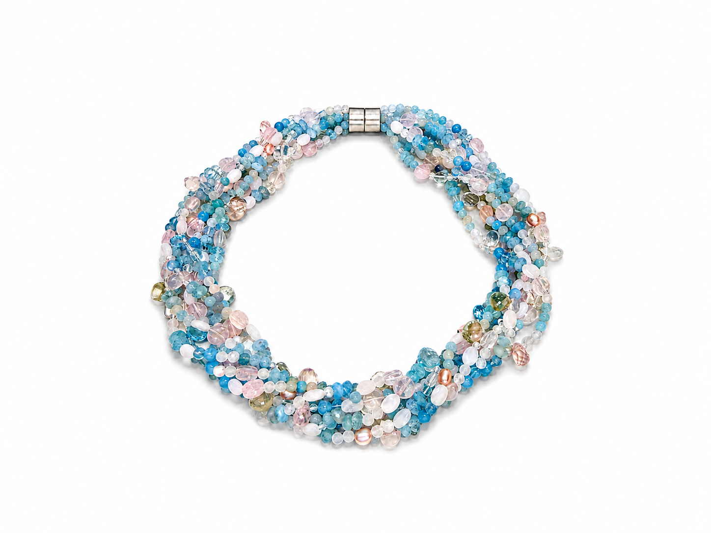 Edelsteinkette aus Aquamarin, Rosenquarz, Topas, Bergkristall und Süsswasserzuchtperle mit Silber Magnetschließe