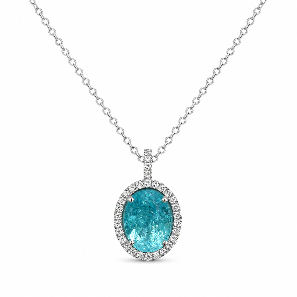 Anhänger mit Paraiba Turmalin 1,65 ct. und Brillanten 0,12 ct. in 18 Karat Weissgold