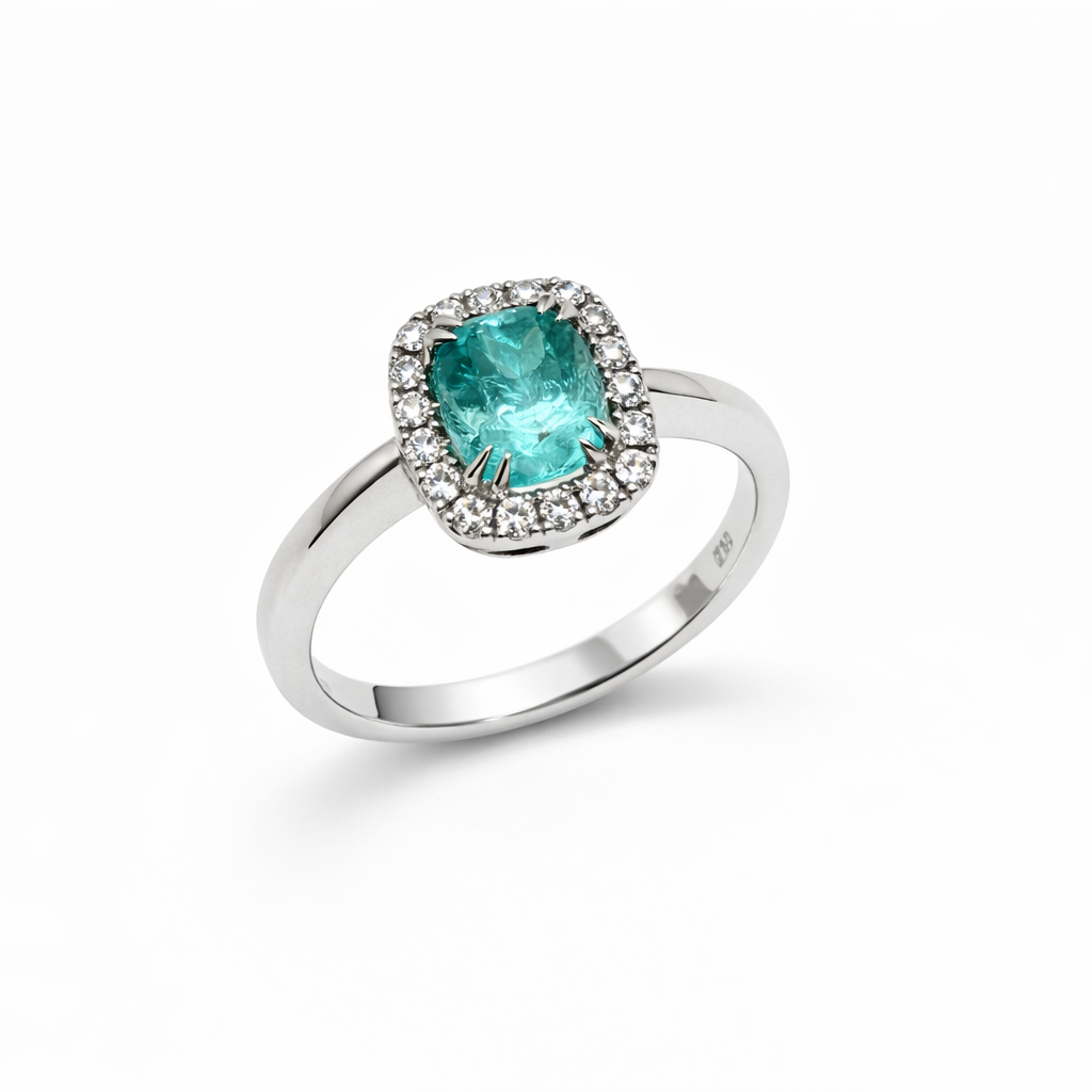 Ring mit Paraiba Turmalin 1,47 ct. und Brillanten 0,48 ct. in 18 Karat Weißgold