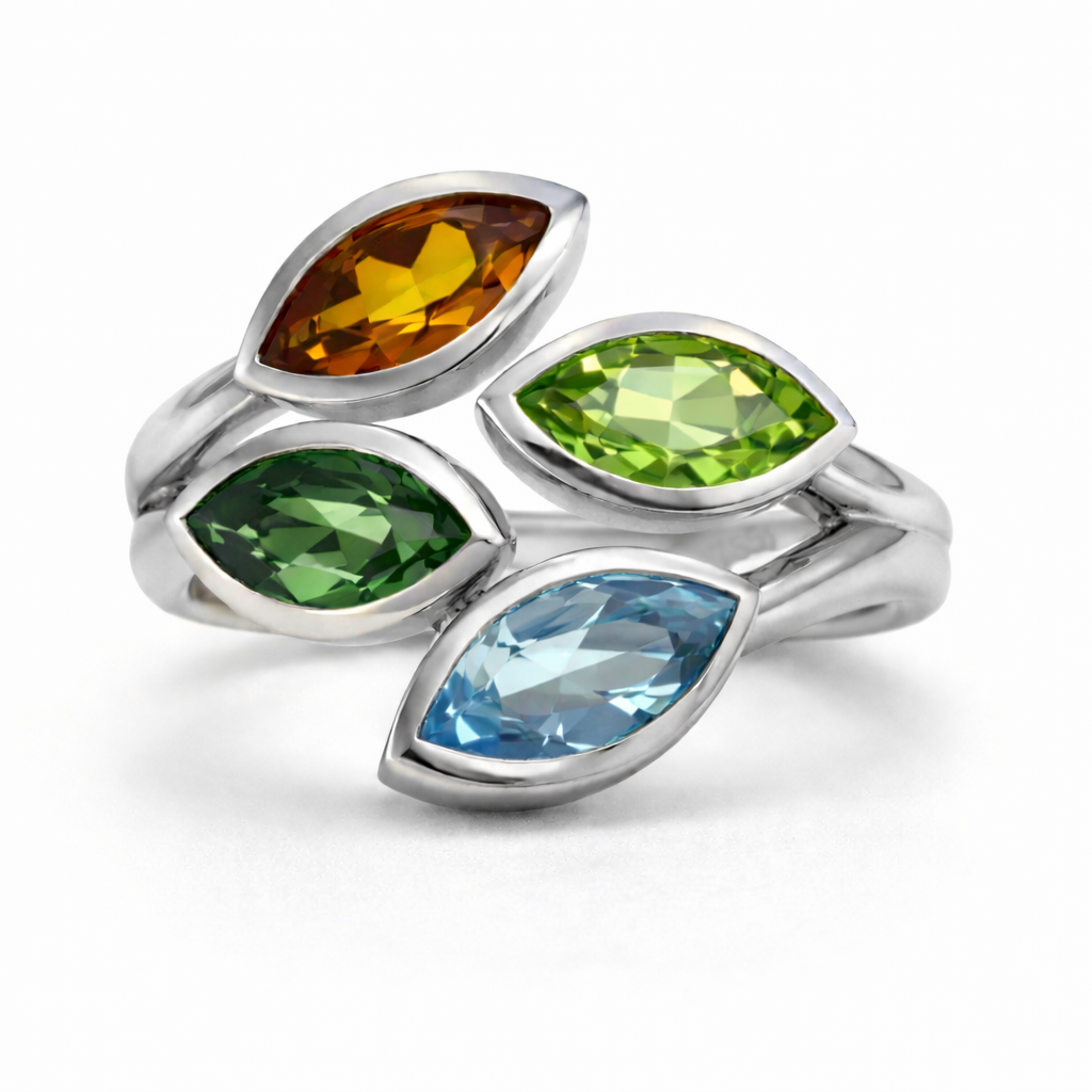 Ring aus 18 Karat Weißgold mit Peridot, Citrin, Topas und grünem Turmalin