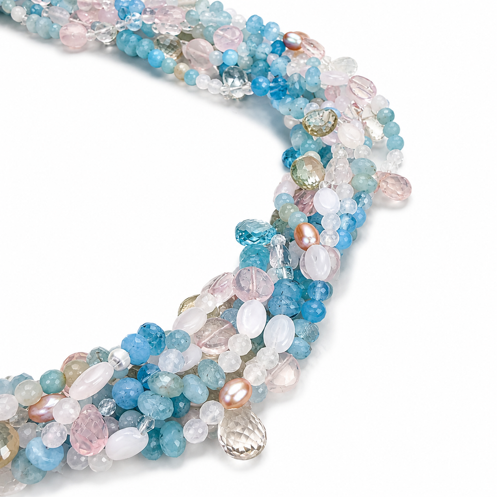 Edelsteinkette aus Aquamarin, Rosenquarz, Topas, Bergkristall und Süsswasserzuchtperle mit Silber Magnetschließe