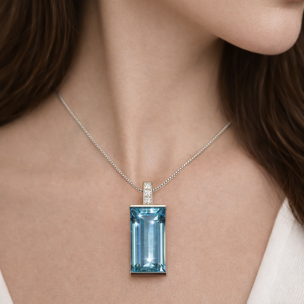 Anhänger mit Aquamarin 7,47 ct. und Diamanten im Prinzessschliff 0,17 ct.