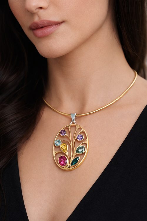 Anhänger Lebensbaum mit sieben Edelsteinen verziert in 18 Karat Gelb- und Weißgold