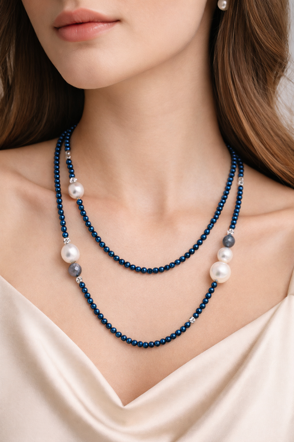 Edelsteinkette mit Süßwasserzuchtperlen, Hämatit, Topas und Achat 94cm