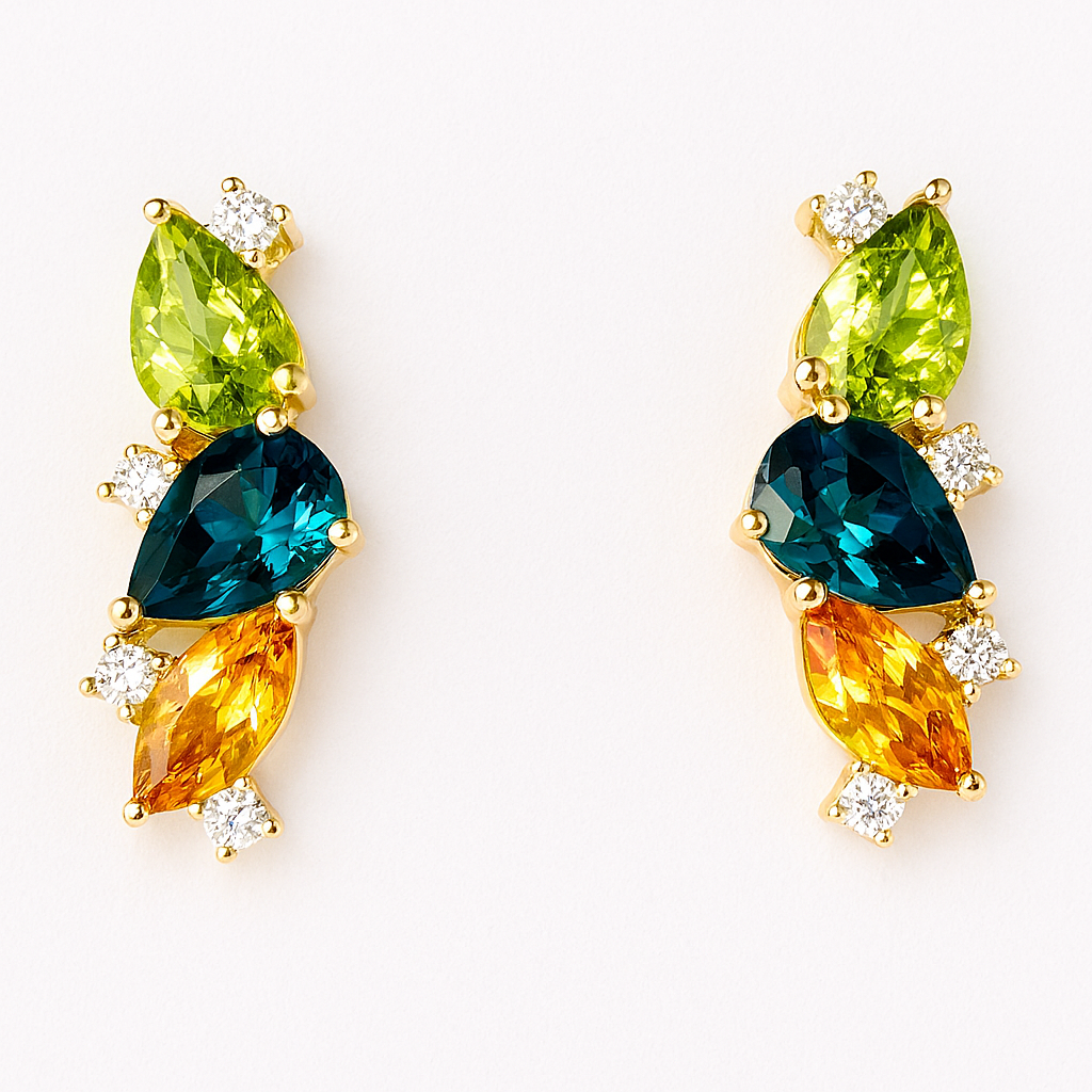 Ohrschmuck mit Peridot, Topas, Citrin und 0,12 ct. Brillanten in 18 Karat Gelbgold