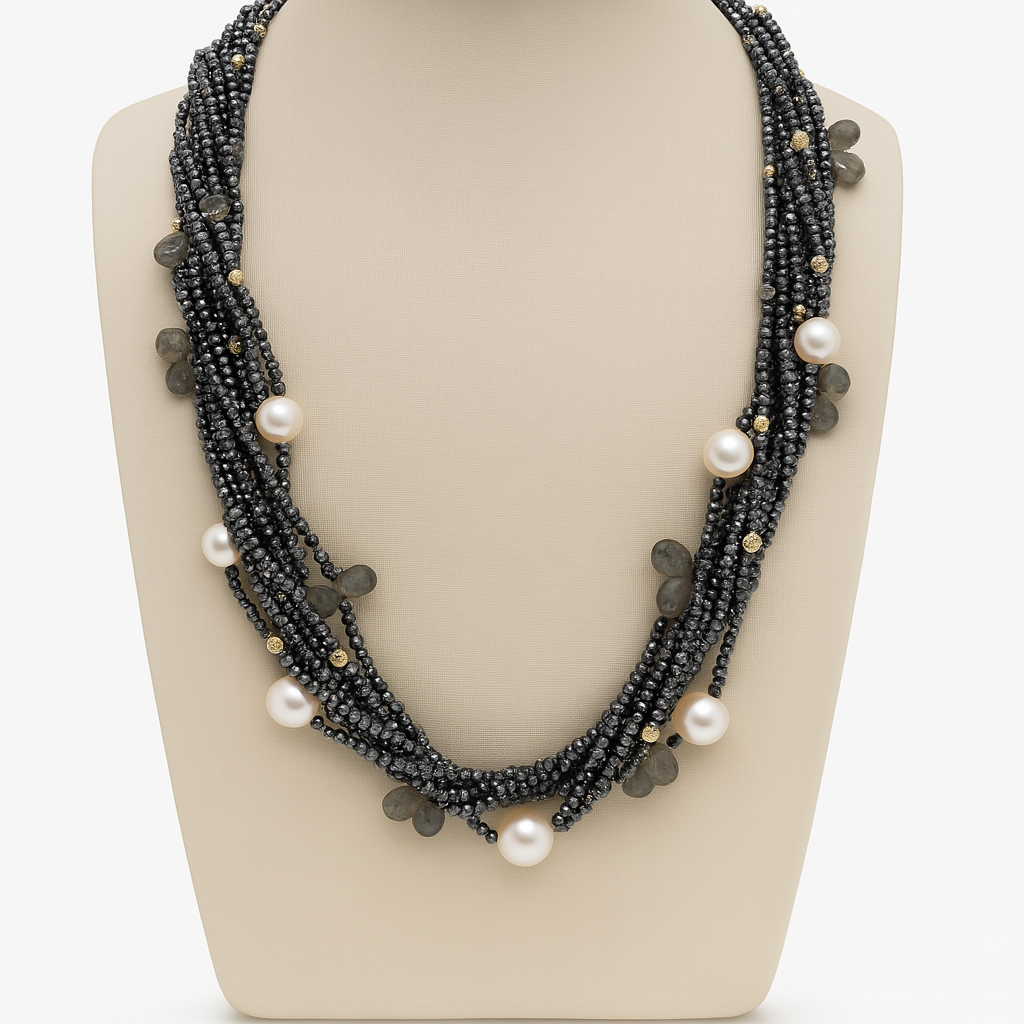 Edelsteinkette mit Hämatit, Labradorit und Süßwasserzuchtperlen