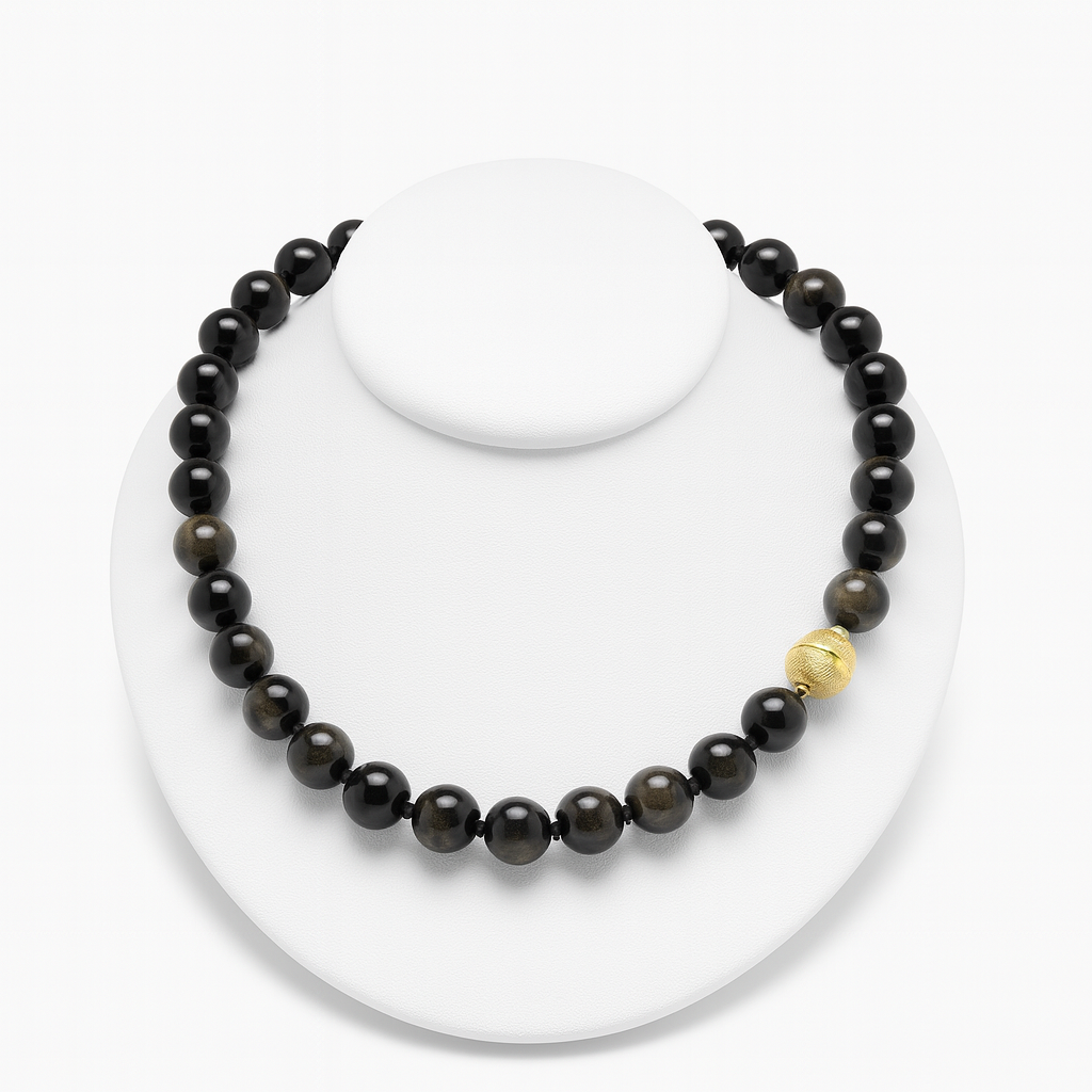 Edelsteinkette Obsidian mit dekorativer silber vergoldeter diamantierter Magnetschließe