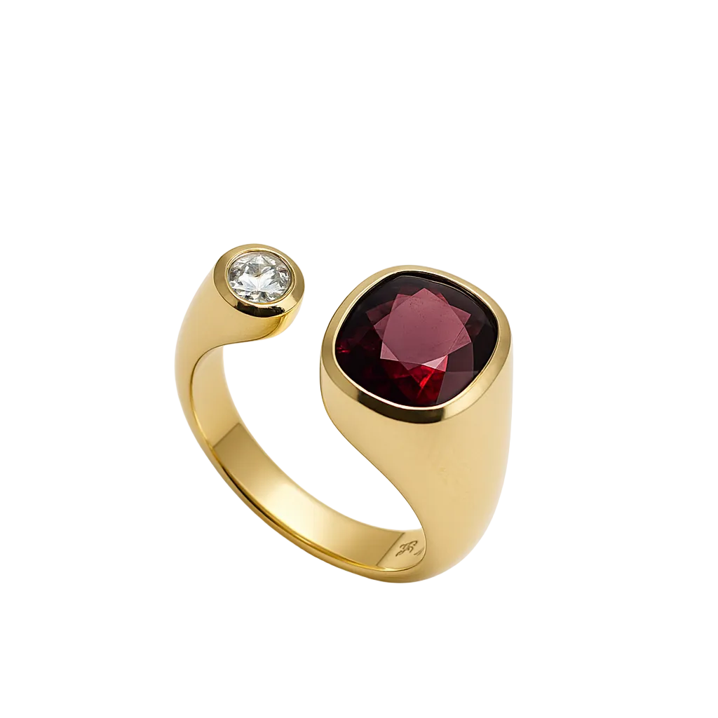 Ring mit Rhodolith und Diamant in 18 Karat Gelbgold handgefertigt