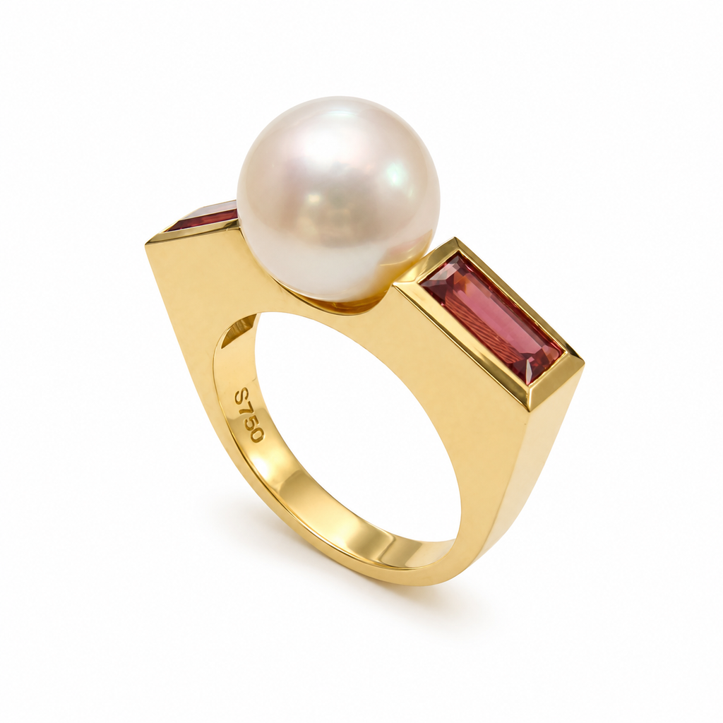 Ring mit Perle 6,44ct. und Rhodolith 1,40ct.
