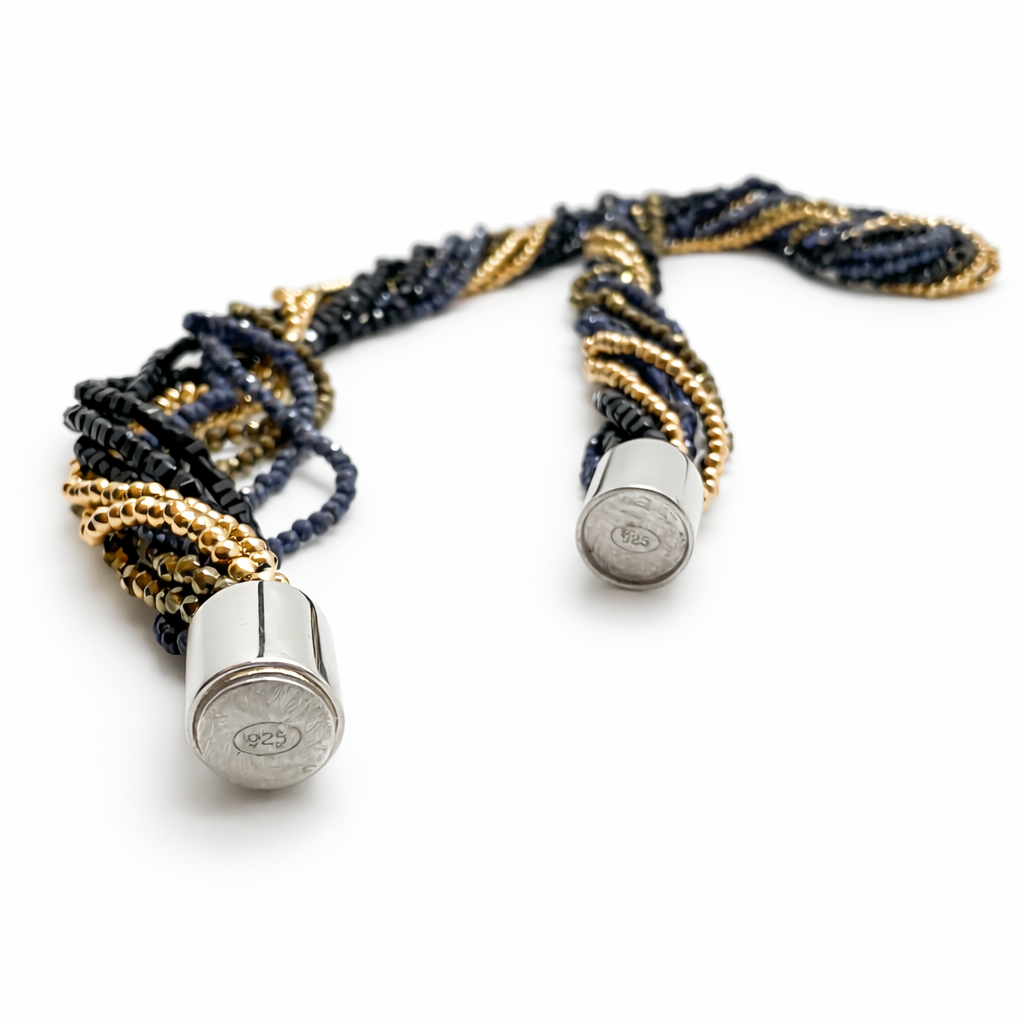 Steinkette aus Romanit, Onyx und Saphir mit Silber Magnetschließe
