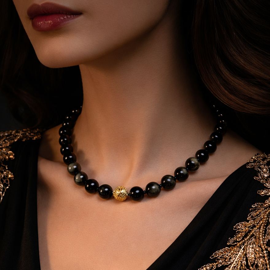 Edelsteinkette Obsidian mit Dekorativer Silber Vergoldeter Diamantierter Magnetschließe
