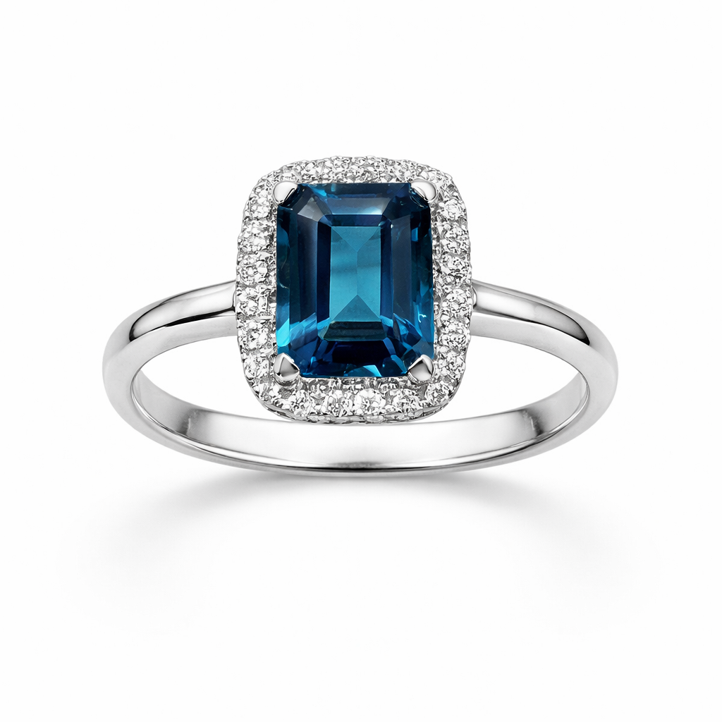 Ring mit Topas London Blue 1,63 ct und Brillanten 0,13 ct aus 18 Karat Weißgold