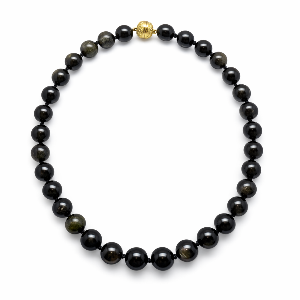 Edelsteinkette Obsidian mit Dekorativer Silber Vergoldeter Diamantierter Magnetschließe