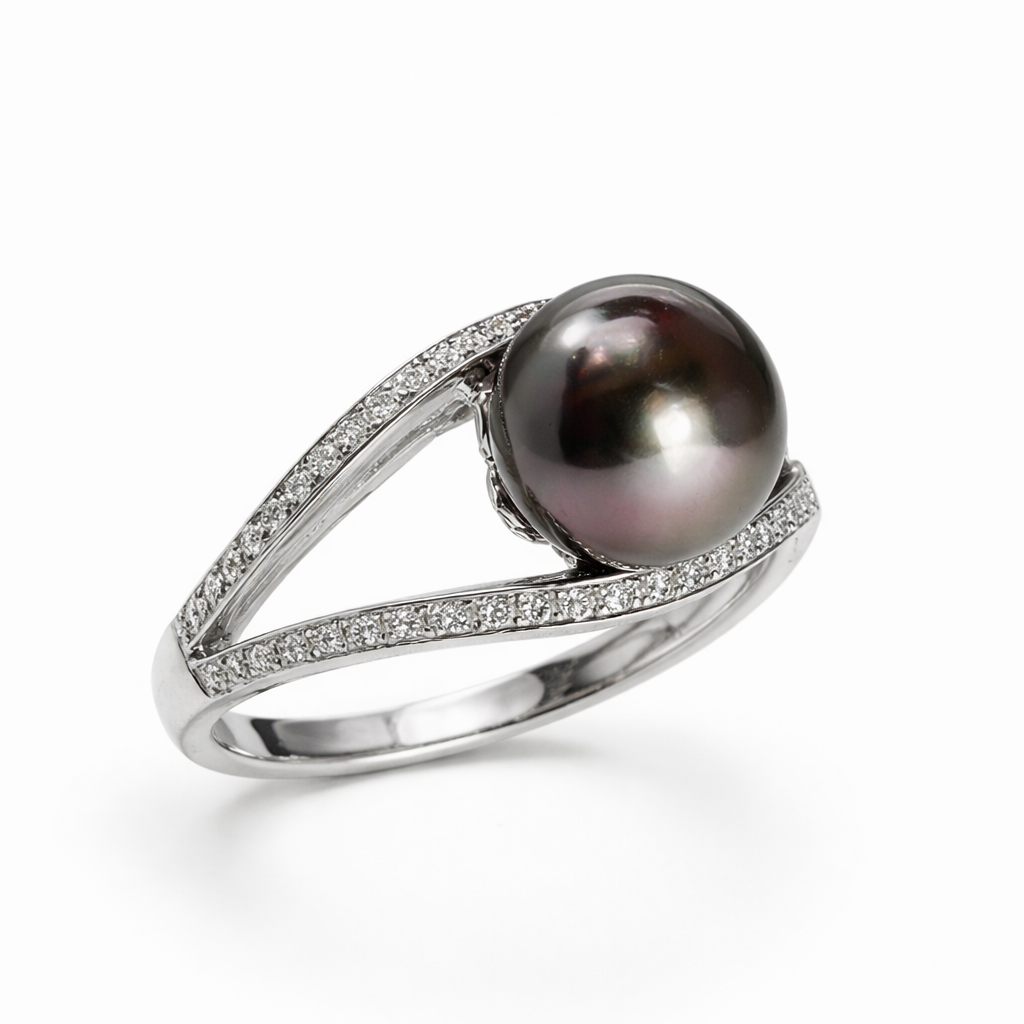 Ring mit Tahitizuchtperle 10-11mm und Brillanten 0,41 ct aus 18 Karat Weißgold